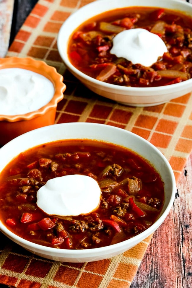 Low-carb instant goulash soup with a close-up of ground beef and pepper