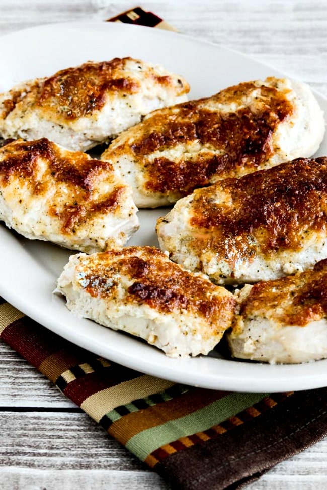 Close up photo of the best low carb baked mayo parmesan chicken on the internet