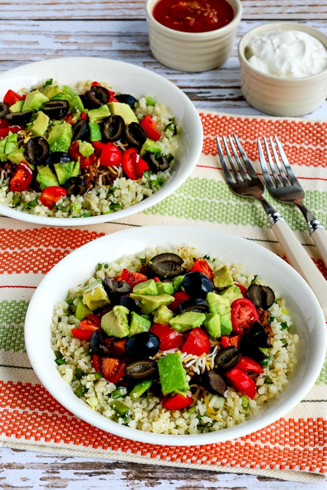 Low-Carb Ground Beef Cauliflower Rice Taco Bowls found on KalynsKitchen.com