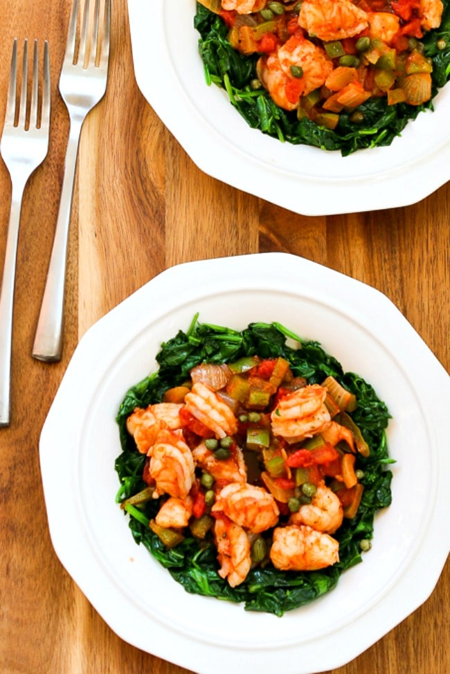 Mediterranean Shrimp over Spinach close-up photo of finished dish in bowls