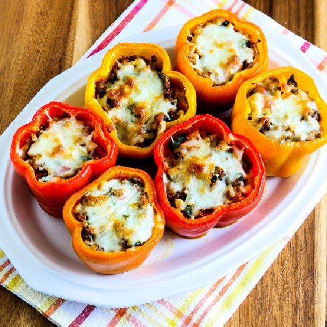 Cauliflower Rice Southwestern Stuffed Peppers square image of finished peppers on plate