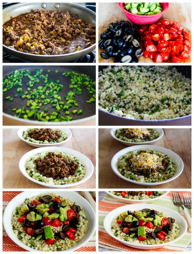 Low-Carb Ground Beef Cauliflower Rice Taco Bowls process shots collage