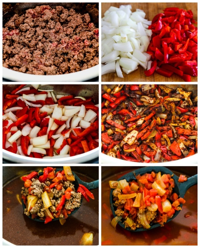 Instant Pot Low-Carb Goulash Soup with Ground Beef and Peppers process shots collage