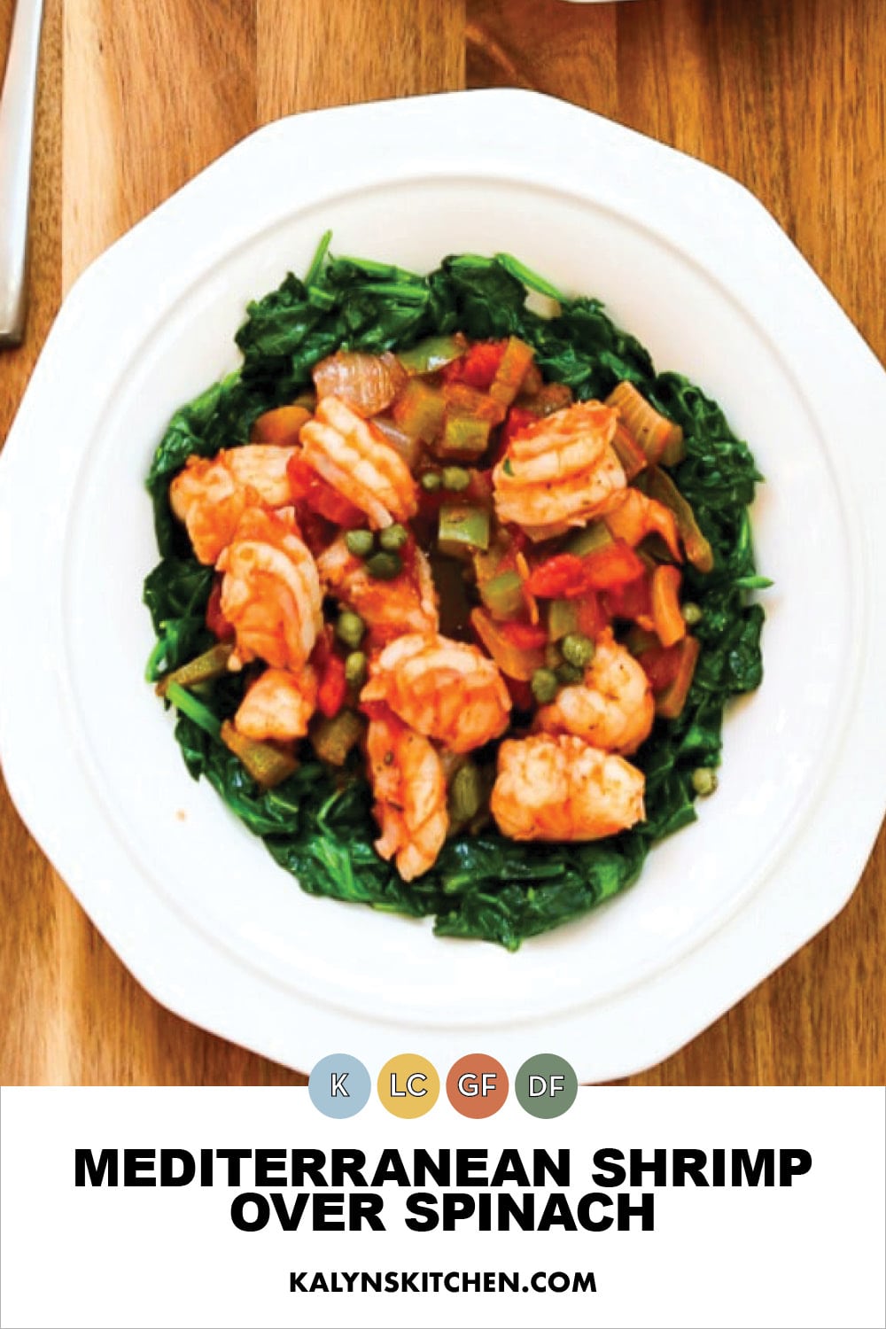 Pinterest image of Mediterranean Shrimp over Spinach