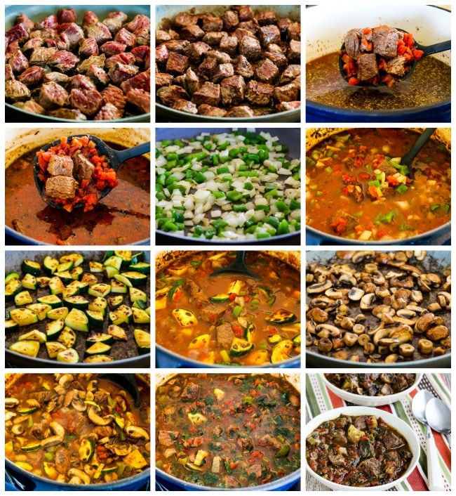 Paleo Italian Beef Stew with Zucchini, Mushrooms, and Basil process shots collage