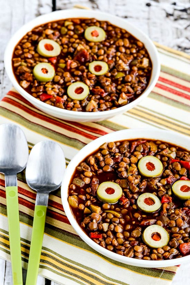 Picadillo Lentil Stew with Peppers and Green Olives close-up photo
