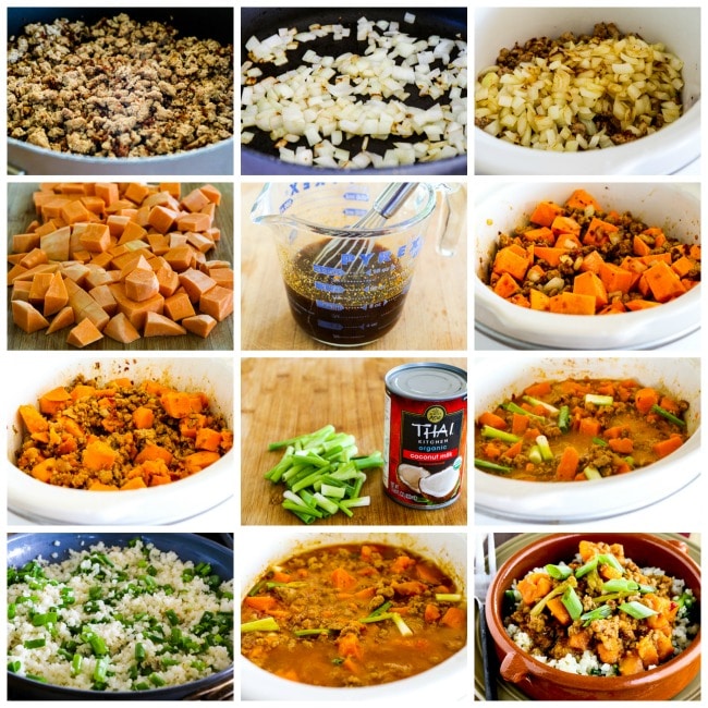CrockPot Sweet and Spicy Ground Turkey and Sweet Potato Stew process shots collage