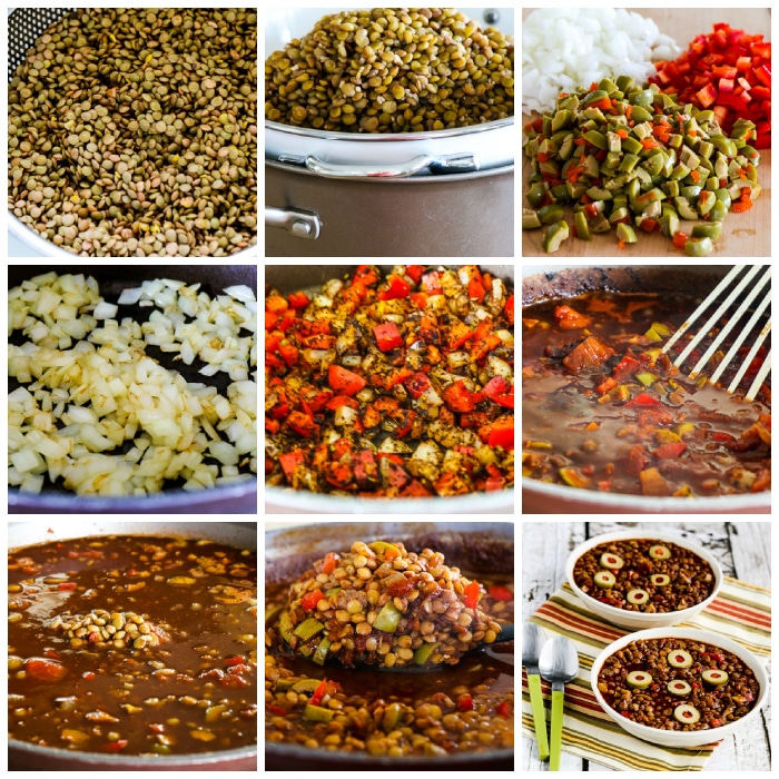 Picadillo Lentil Stew with Peppers and Green Olives process shots collage