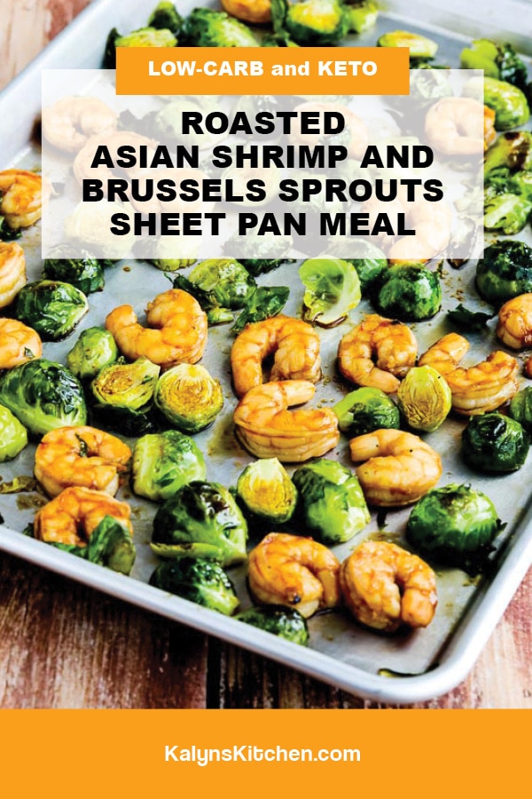 Pinterest image of Roasted Asian Shrimp and Brussels Sprouts Sheet Pan Meal