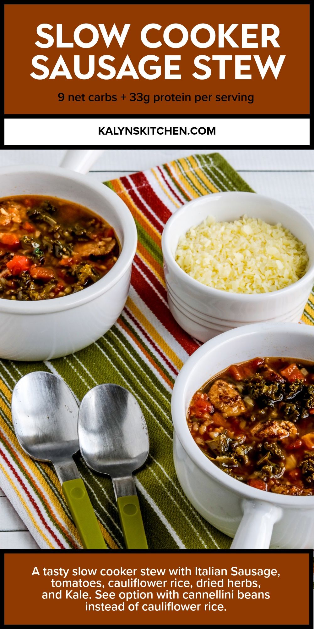 Pinterest image for Slow Cooker Sausage Stew shown in two bowls with spoons and Parmesan.