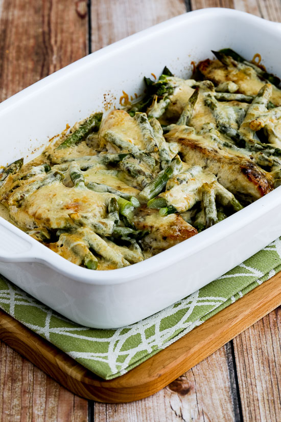 Chicken and Asparagus with Three Cheeses shown in baking dish