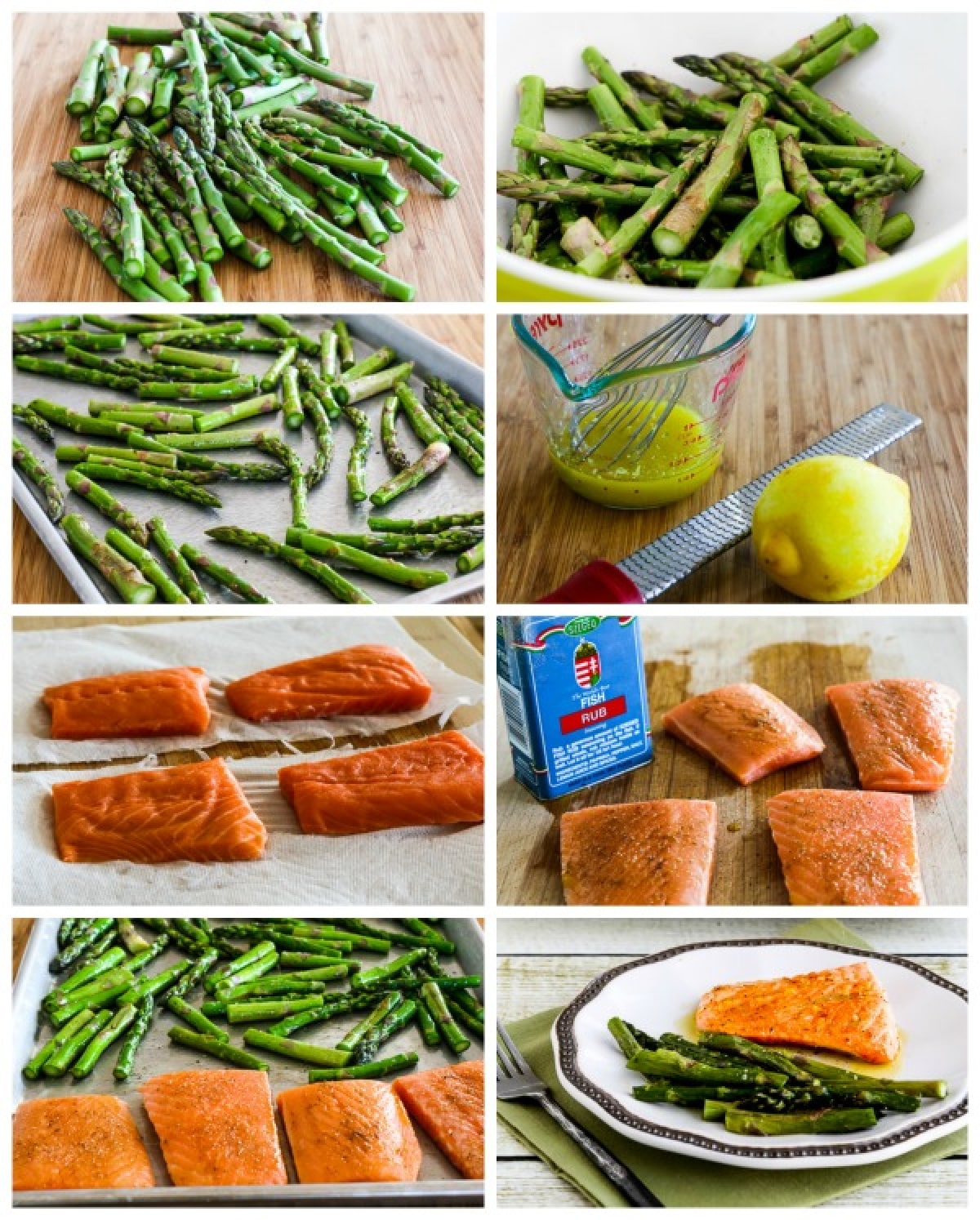 Photo collage of steps to make a salmon and asparagus sheet pan meal 