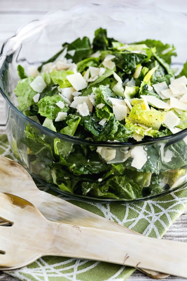 Caesar Salad with Kale, Romaine, and Shaved Parmesan close-up image of finished salad