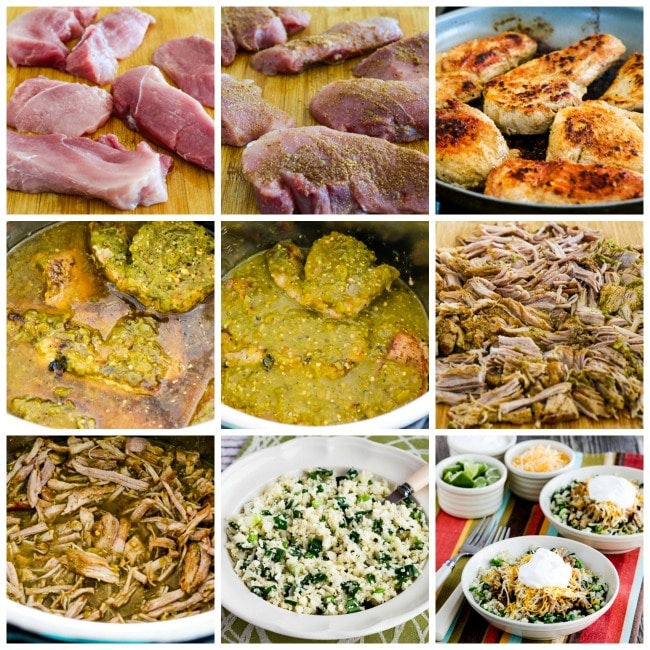 Instant Pot Low-Carb Green Chile Pork Taco Bowl process shots collage