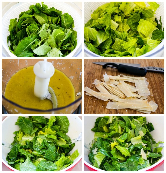 Caesar Salad with Kale, Romaine, and Shaved Parmesan process shots collage