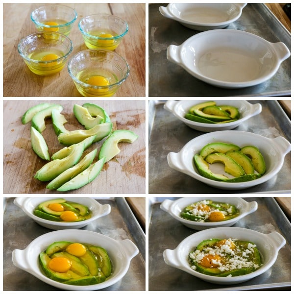 Kolaż zdjęć jajek na twardo o niskiej zawartości węglowodanów oraz procesu z awokado i serem feta