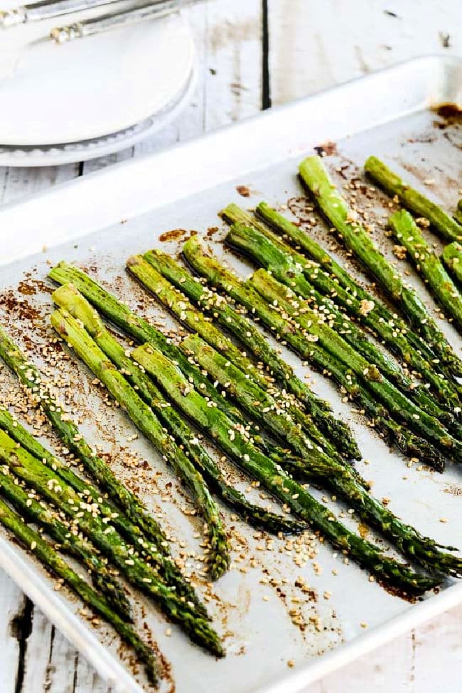 Asparagus with Soy-Sesame Glaze shown on roasting pan.