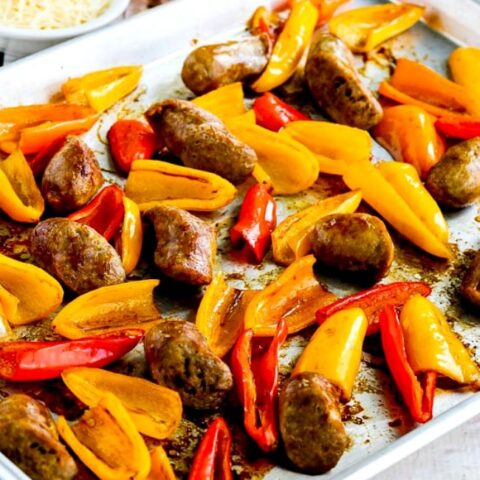 close-up photo for Low-Carb Roasted Italian Sausage and Sweet Mini Peppers Sheet Pan Meal