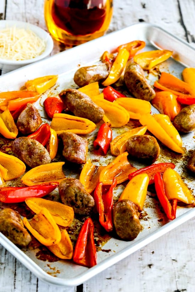 close-up photo for Low-Carb Roasted Italian Sausage and Sweet Mini Peppers Sheet Pan Meal