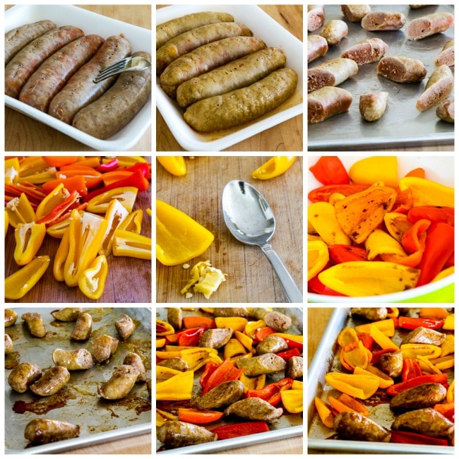 process shots collage for Low-Carb Roasted Italian Sausage and Sweet Mini Peppers Sheet Pan Meal