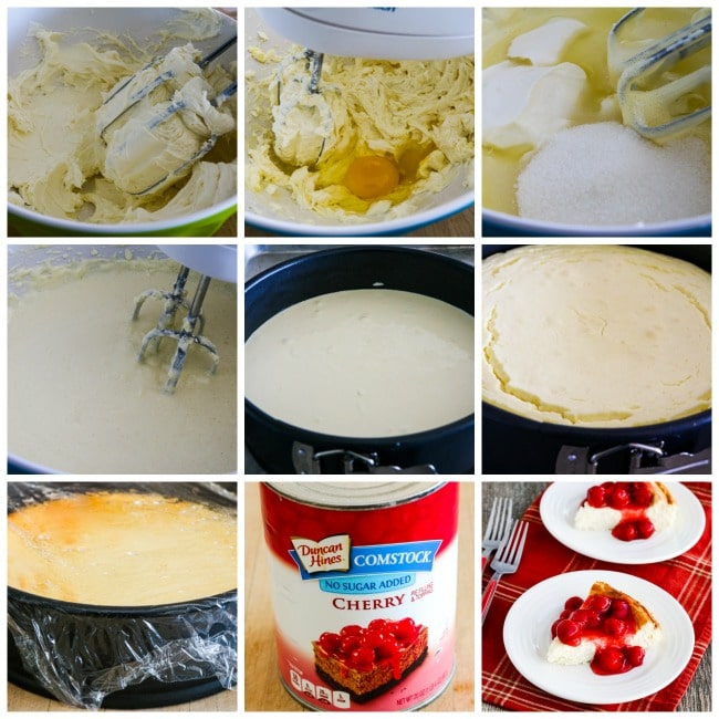 Fantastic Low-Carb Cheesecake with Cherry Topping process shots collage