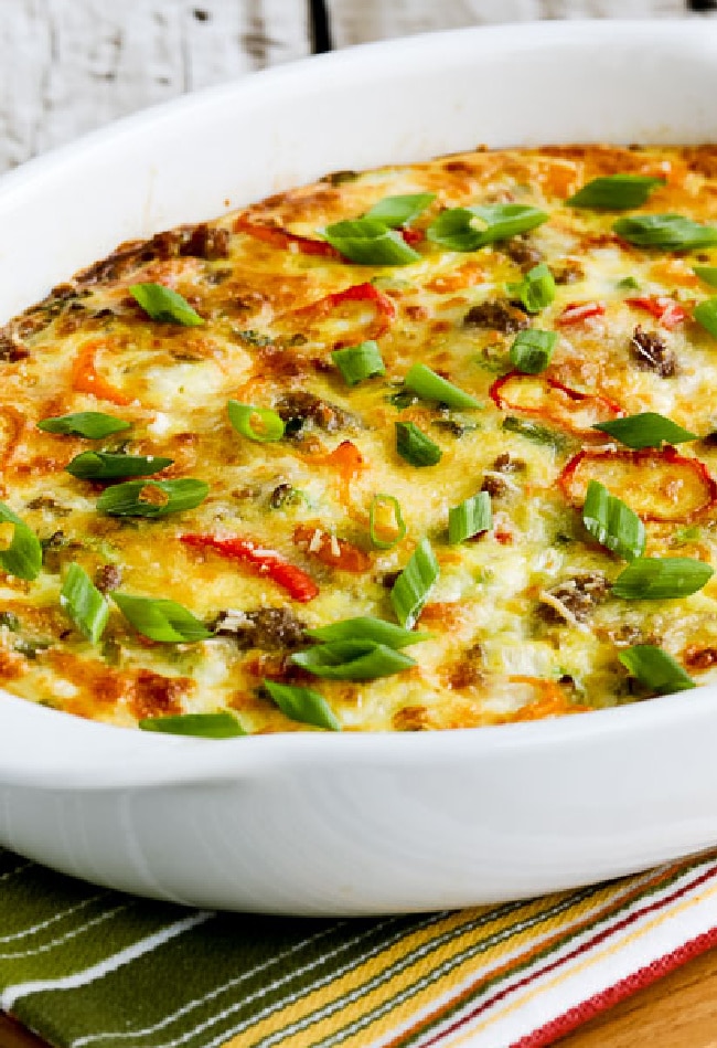 Italian Sausage and Sweet Mini Peppers Breakfast Bake cropped image of casserole in baking dish