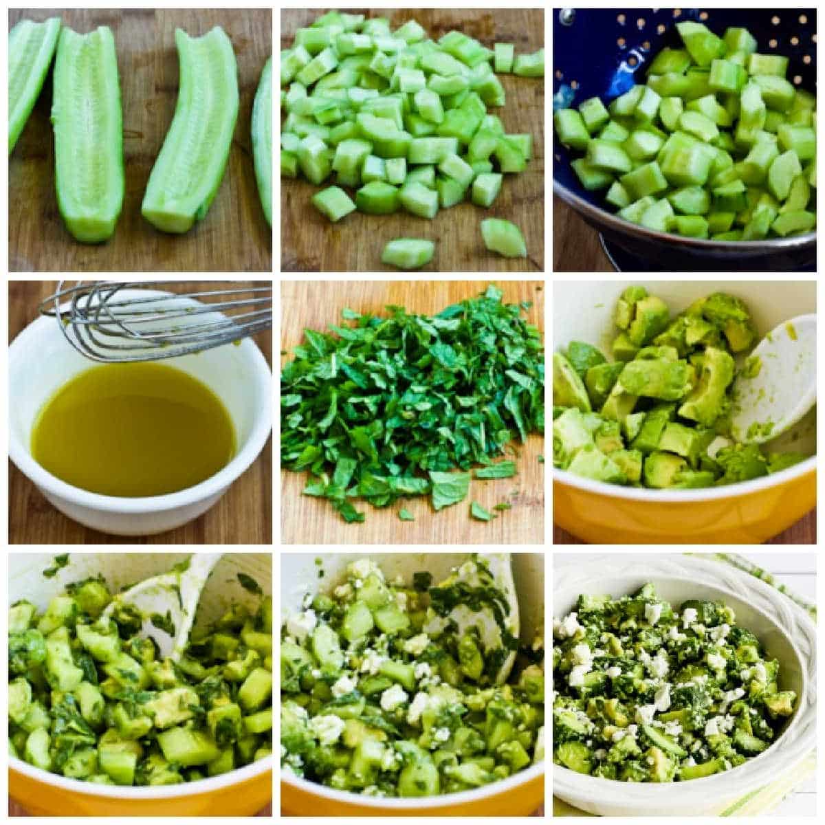 collage of recipe steps for Cucumber Salad with Avocado and Feta