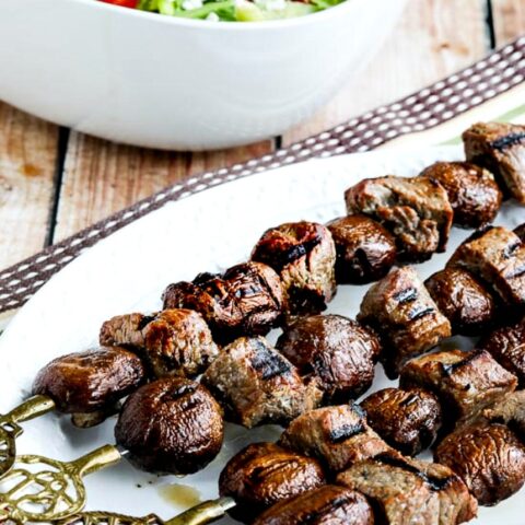 close-up photo of Low-Carb Steak and Mushroom Kabobs on serving plate