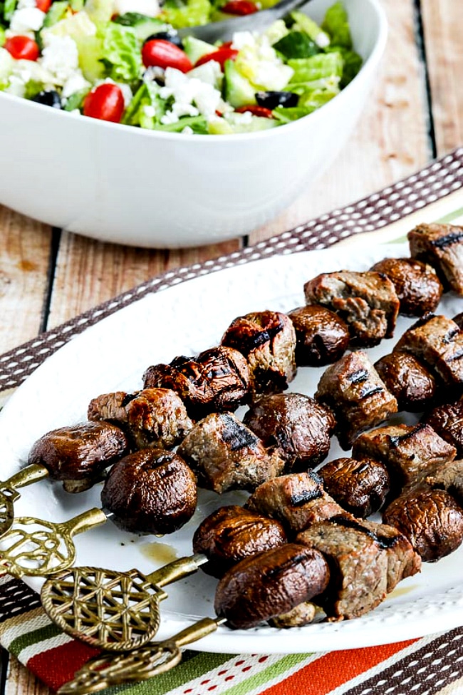 close-up photo of Low-Carb Steak and Mushroom Kabobs on serving plate