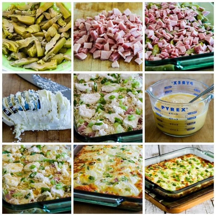 Karyn's Breakfast Casserole with Artichokes, Goat Cheese, and Canadian Bacon process shots collage
