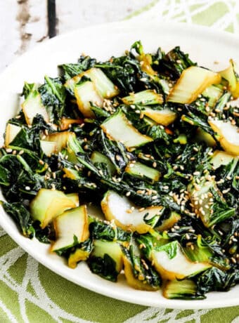 Stir-Fried Bok Choy on serving plate, close up.