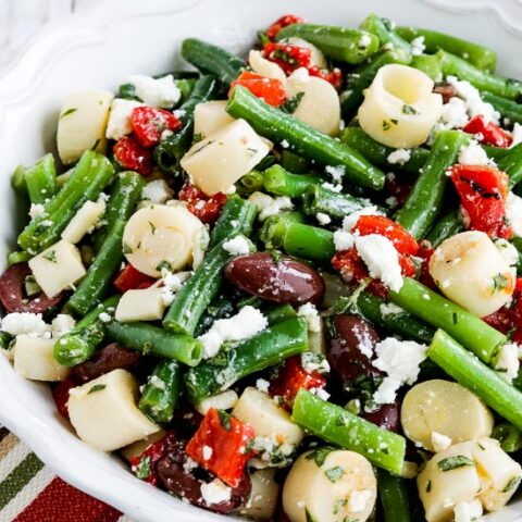 Green Bean Salad with Hearts of Palm, Olives, Red Pepper, and Feta found on KalynsKitchen.com
