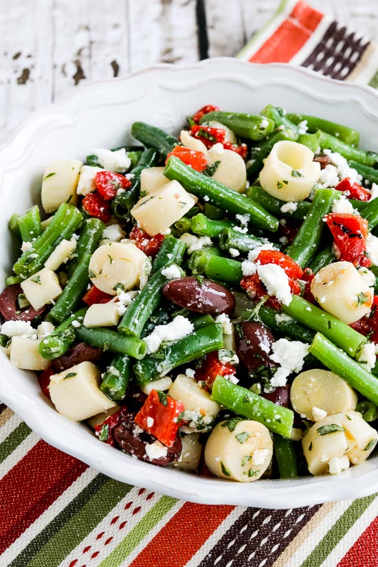 Green Bean Salad with Hearts of Palm, Olives, Red Pepper, and Feta found on KalynsKitchen.com