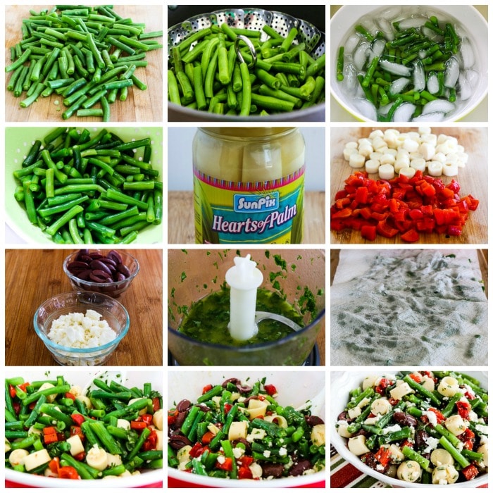 Green bean salad and palm heart process shot collage