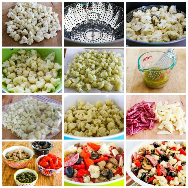 Low-Carb Marinated Cauliflower Antipasto Salad process shots collage
