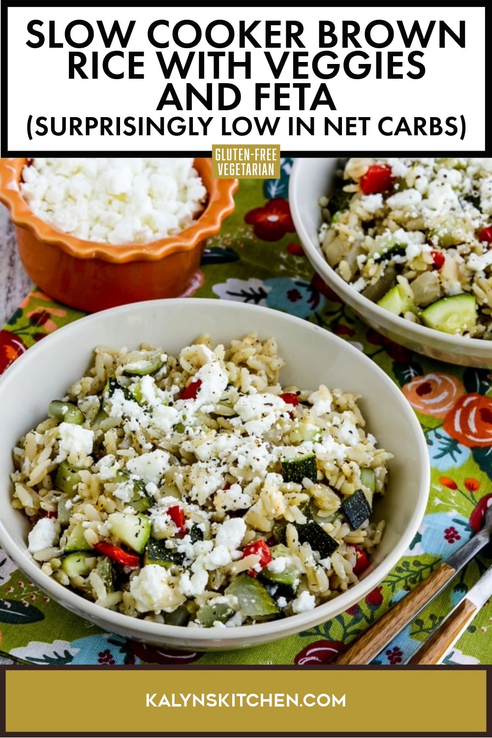 Pinterest image of Slow Cooker Brown Rice with Veggies and Feta