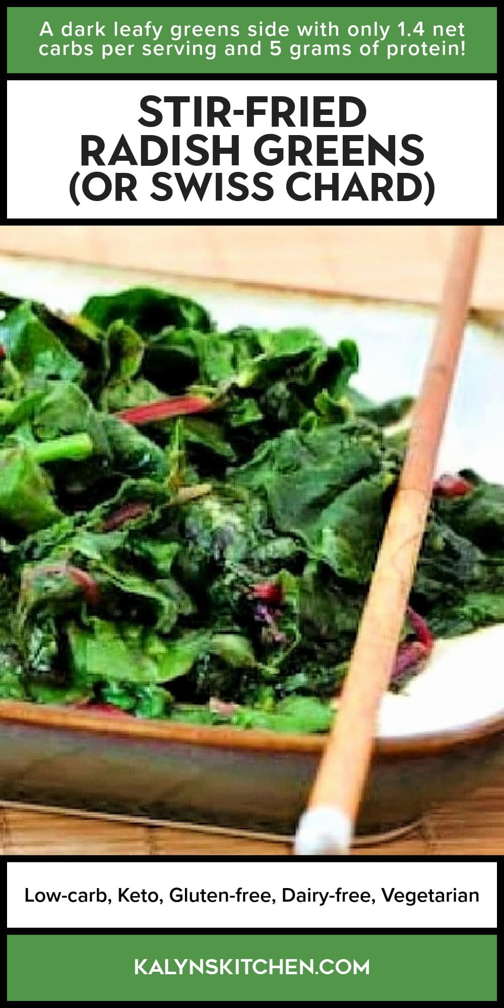 Pinterest image of Stir-Fried Radish Greens (or Swiss Chard)