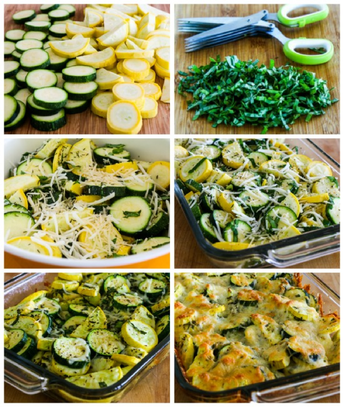 process shots collage of steps for making Easy Cheesy Zucchini Bake