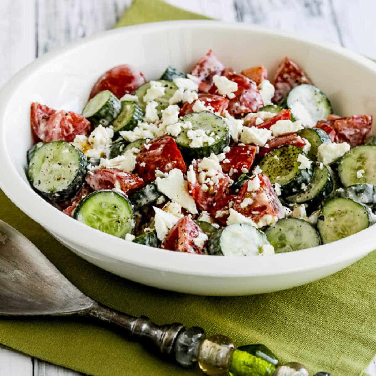 Square photo of summer lunch salad in a serving bowl