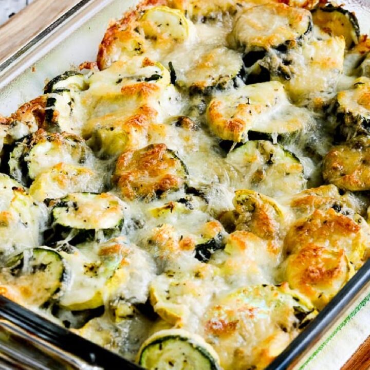 Easy Cheesy Zucchini Bake shown in baking dish with well-browned cheese