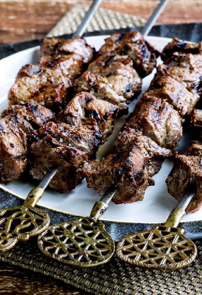 close-up shot of Marinated Beef Kabobs shown on serving plate