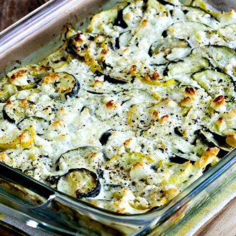 Zucchini Bake with Feta and Thyme finished casserole in baking dish