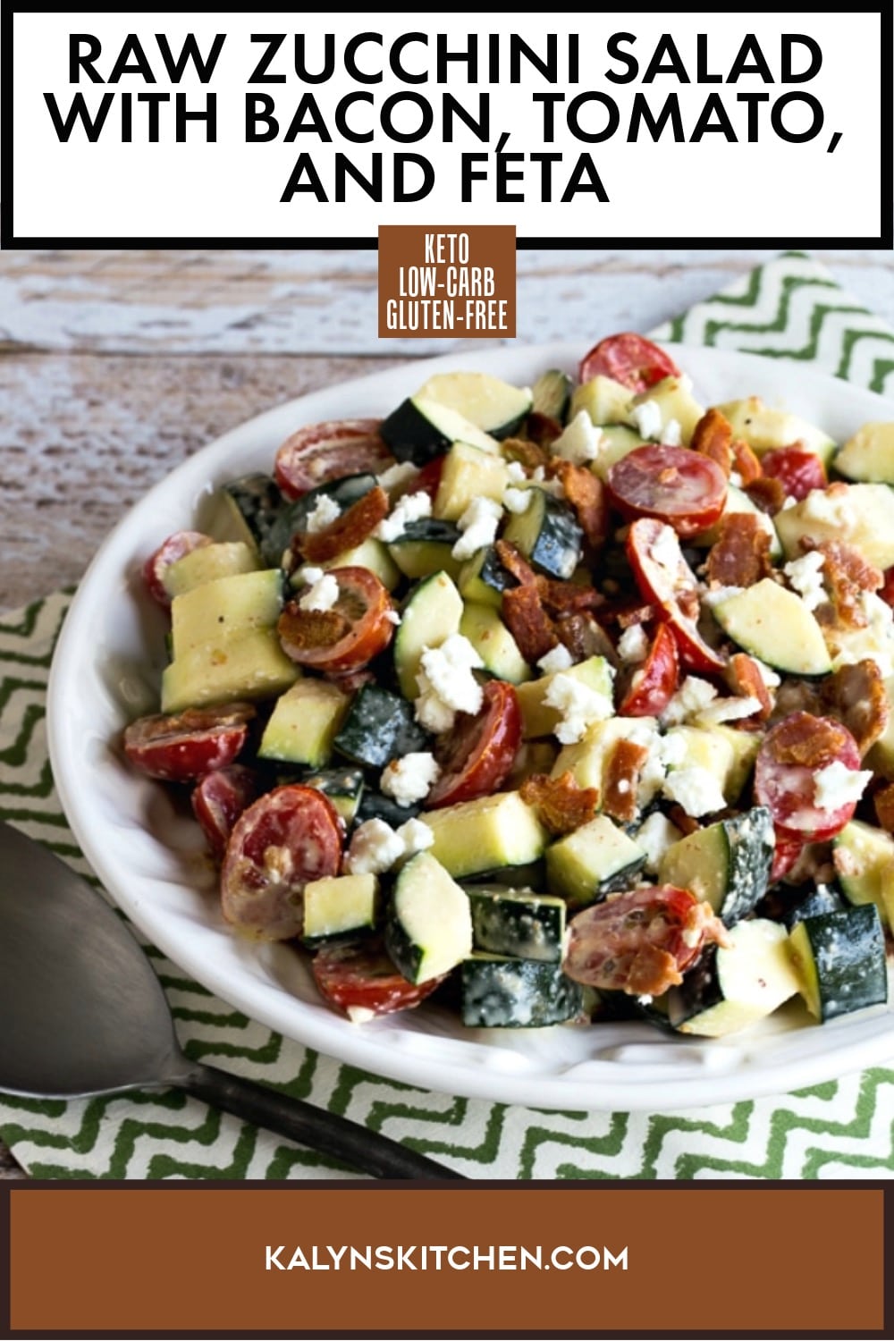 Pinterest image of Raw Zucchini Salad with Bacon, Tomato, and Feta