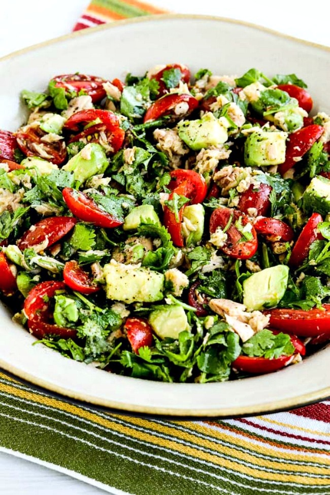 Tomato, Avocado, and Tuna Salad close-up of finished salad