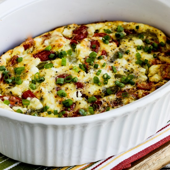 Roasted Green Pepper and Tomato Breakfast Casserole with Feta and Oregano found on KalynsKitchen.com