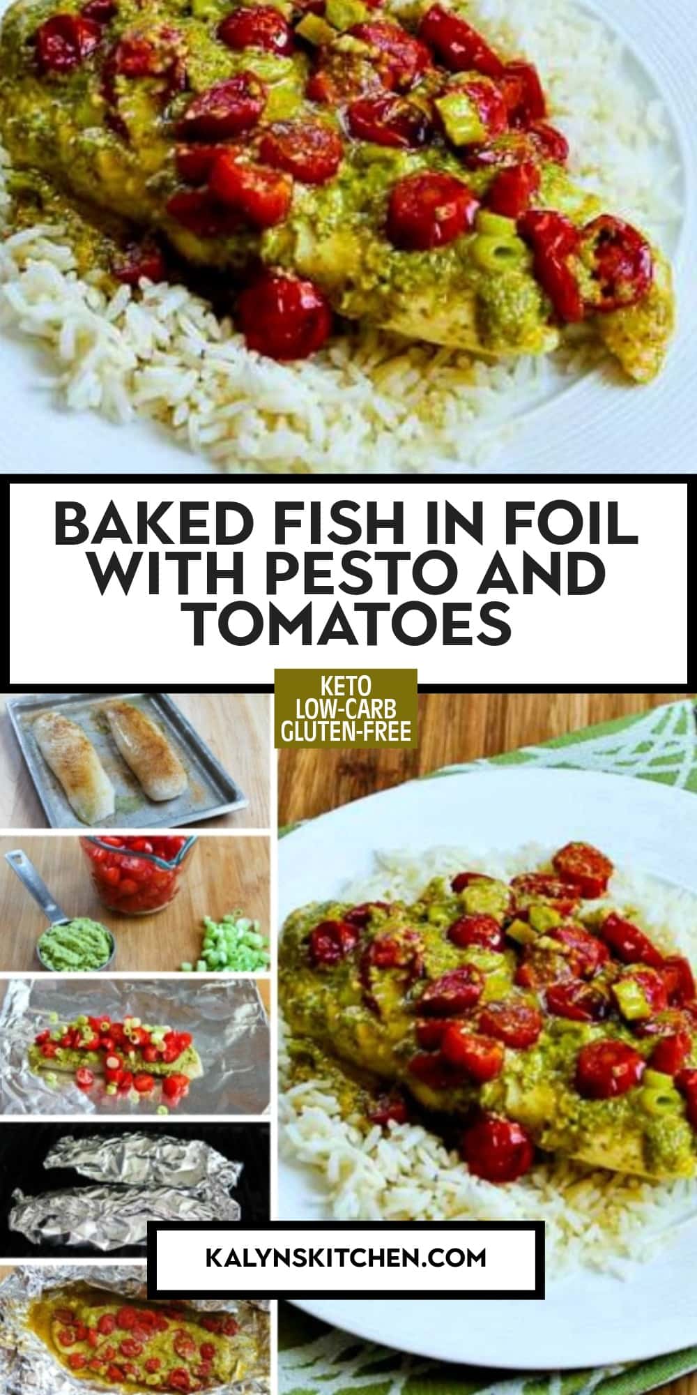 Pinterest image of Baked Fish in Foil with Pesto and Tomatoes
