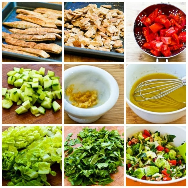 Fattoush Lebanese Salad with Sumac and Pita Chips process shots collage