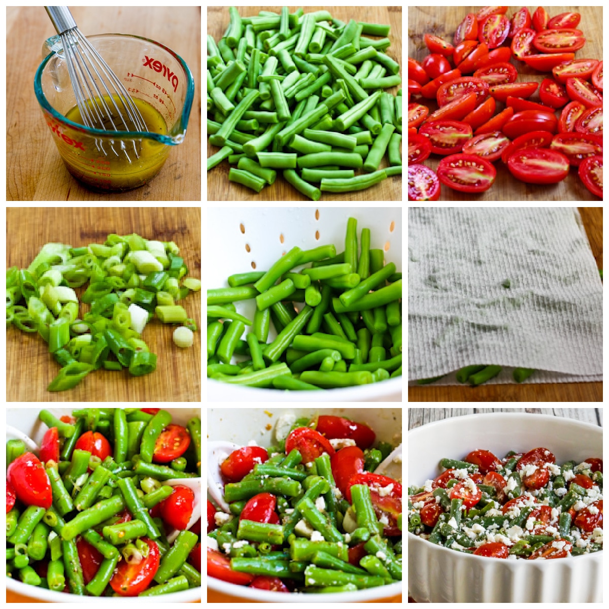 Process shots collage photo for Green Bean Tomato Feta Salad.