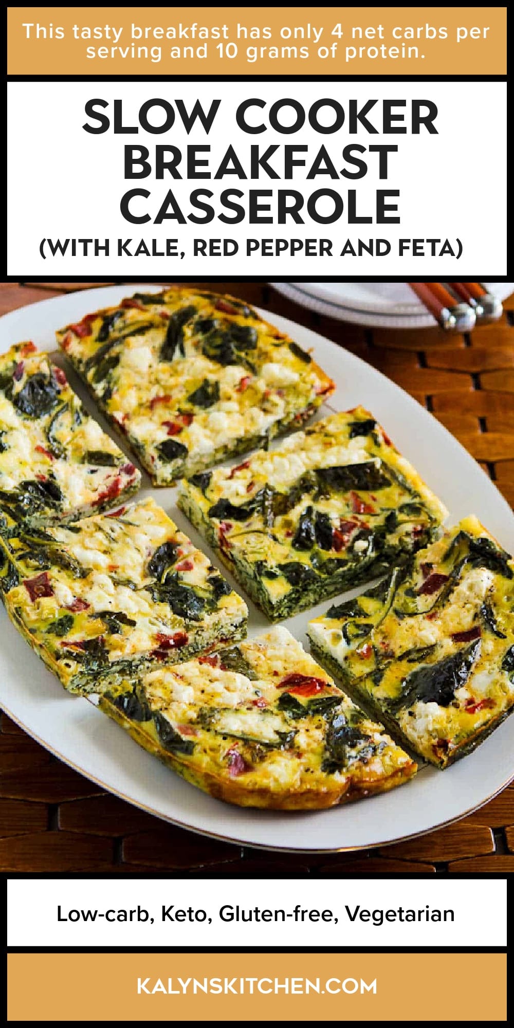 Pinterest image of Slow Cooker Breakfast Casserole (with Kale, Red Pepper, and Feta)