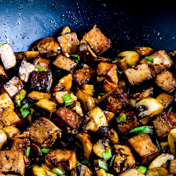 Tofu Mushroom Stir Fry shown in wok.